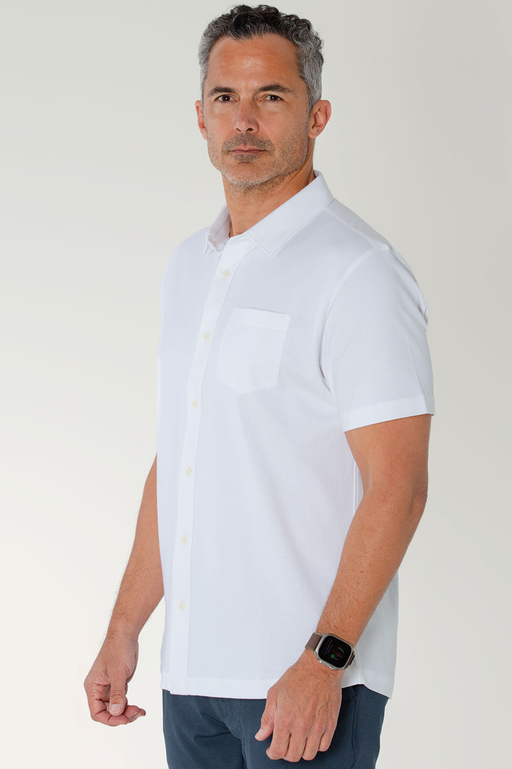 PI3036 liquid cotton pima button down shirt on model side view color white