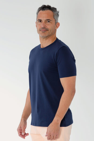 PI3039 Liquid Pima crewneck shirt, on model, color navy, side view