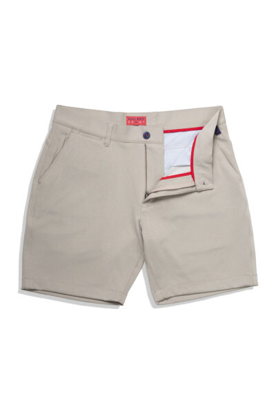 Breakwater Sport Short -Heather Moss Grey 7in inseam flat front open view