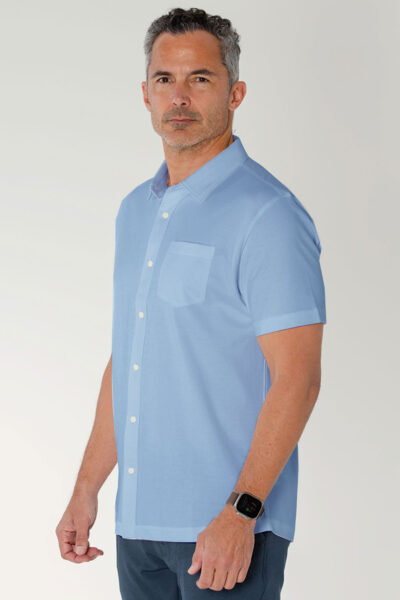 Liquid PIma Cotton Button Down shirt, on model cadet blue image side view